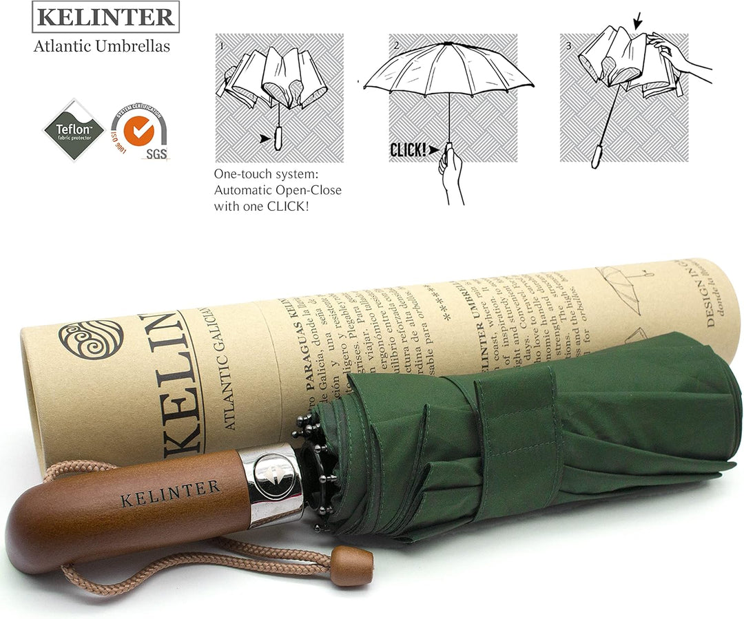 KELINTER Automatischer Klappschirm - 10 Verstärkte Streben, Teflon 300T, Windsicher, Holzgriff Ergon
