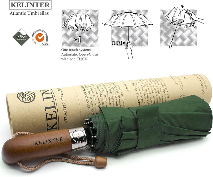 KELINTER Automatischer Klappschirm - 10 Verstärkte Streben, Teflon 300T, Windsicher, Holzgriff Ergon
