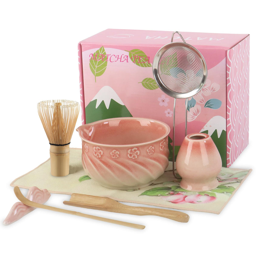 Matcha Besen Set 8-teilig – Matcha Set mit Keramik Matcha Schale, Matcha Besen, Löffel, Messlöffel,