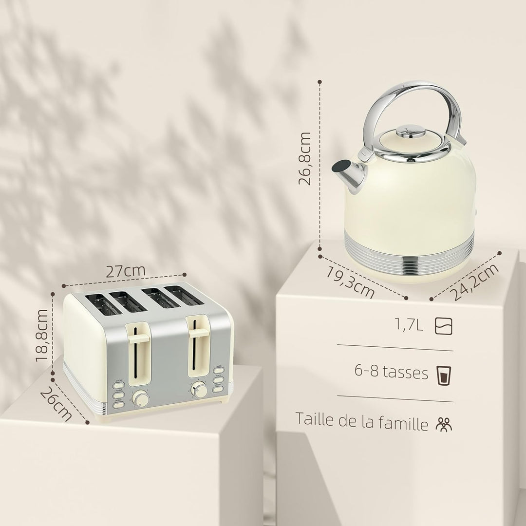 HOMCOM Set aus Wasserkocher und Toaster 2200 W, Edelstahl-Wasserkocher 1,7 L mit Isolierung und 4-Sc