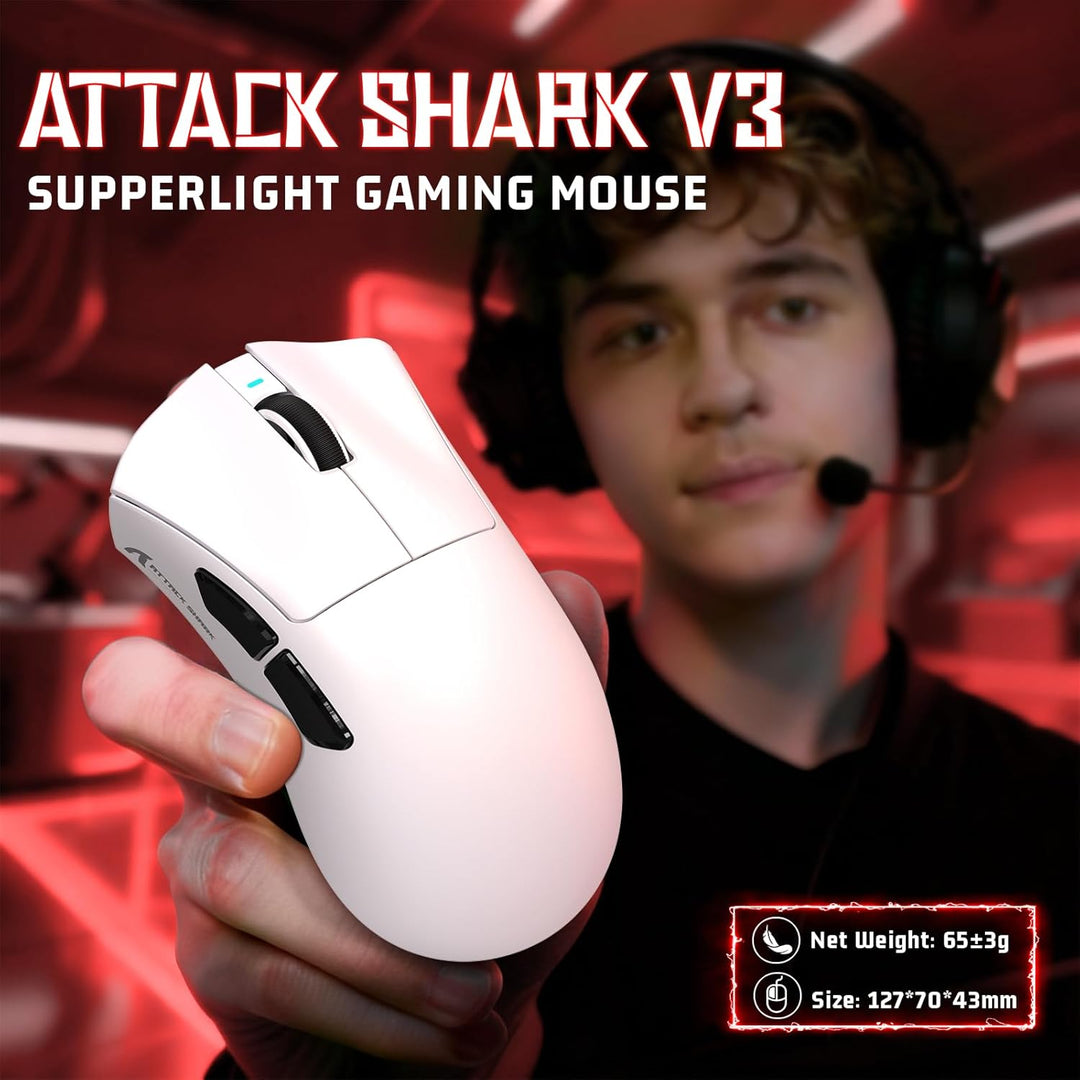 ATTACK SHARK V3 Kabellose Gaming-Maus, 65g Ultraleicht, Optischer Sensor PAW3311 mit 25K DPI, 1K Pol