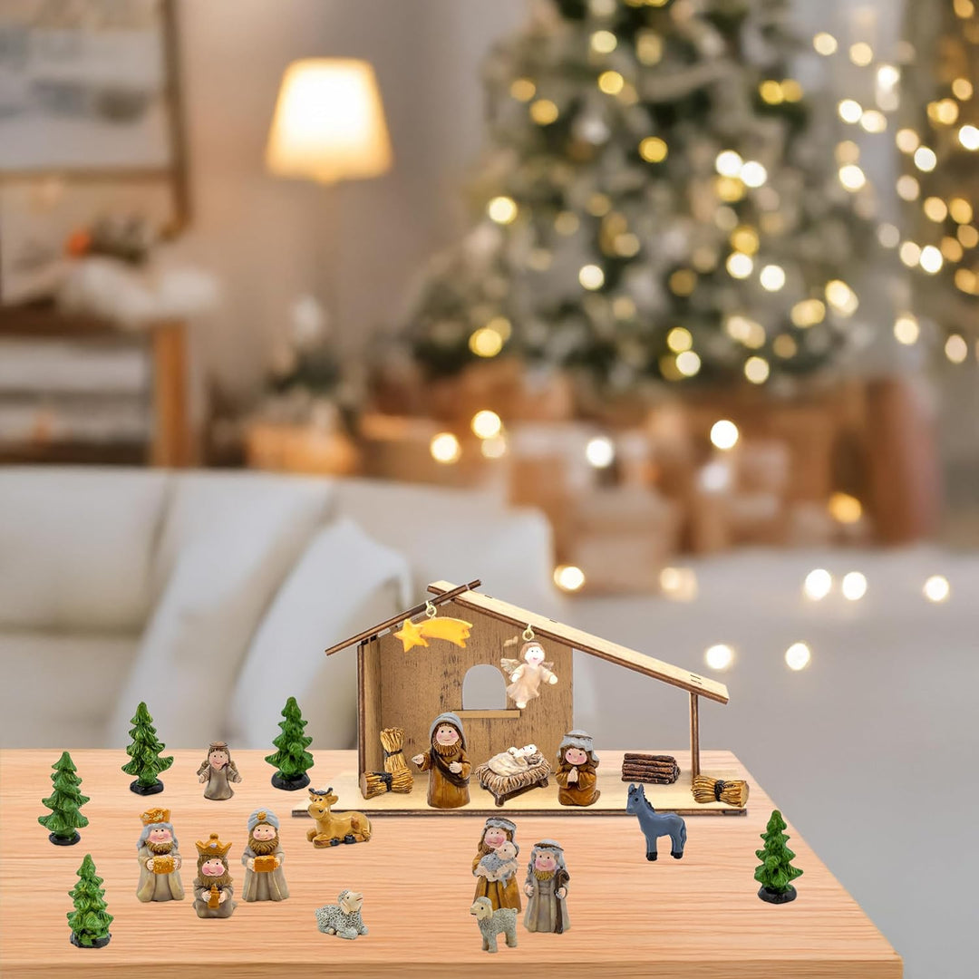 Spetebo Holz Weihnachts Krippenstall mit Kunststeinfiguren - 26 x 13 cm - Weihnachtskrippe Adventska