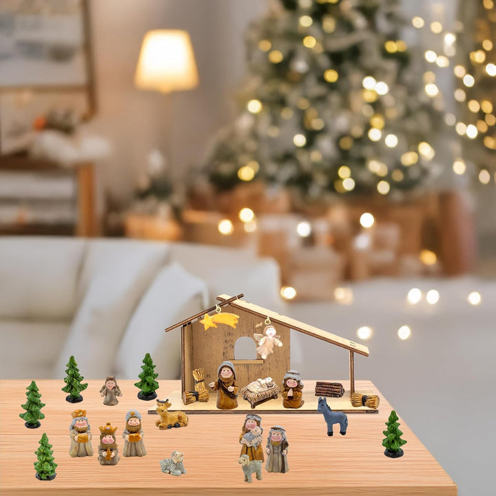 Spetebo Holz Weihnachts Krippenstall mit Kunststeinfiguren - 26 x 13 cm - Weihnachtskrippe Adventska