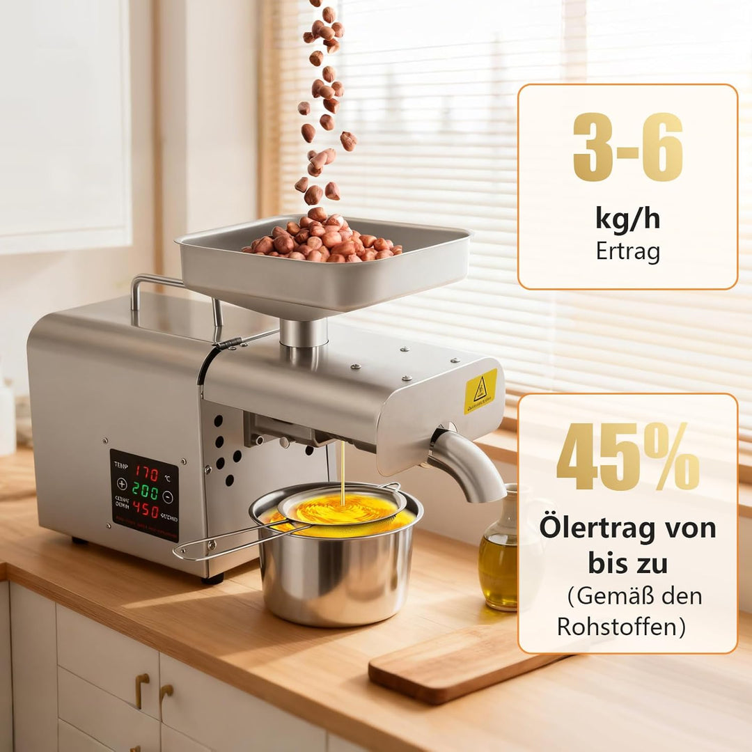 Ölpresse Elektrische Ölpresse aus Edelstahl 304, 150W Vollkupfermotor für Kalt & Heisspressung, 6-13