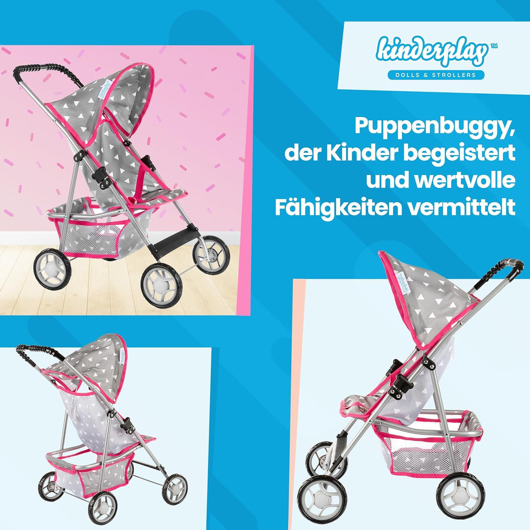 Kinderplay Puppenwagen, Puppen Buggy Kinderwagen, Buggy mit Anschnallgurt und Einkaufsnetz - Babyspi