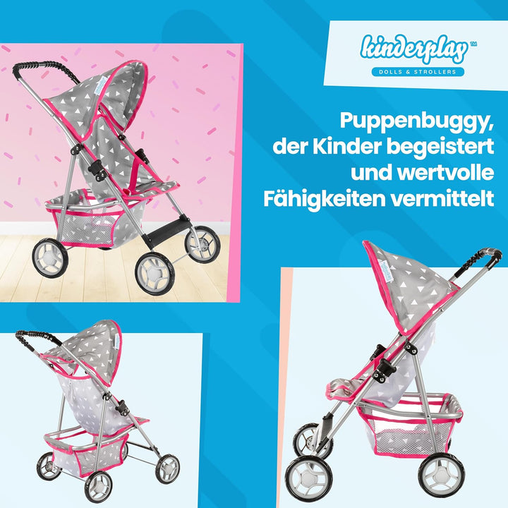 Kinderplay Puppenwagen, Puppen Buggy Kinderwagen, Buggy mit Anschnallgurt und Einkaufsnetz - Babyspi