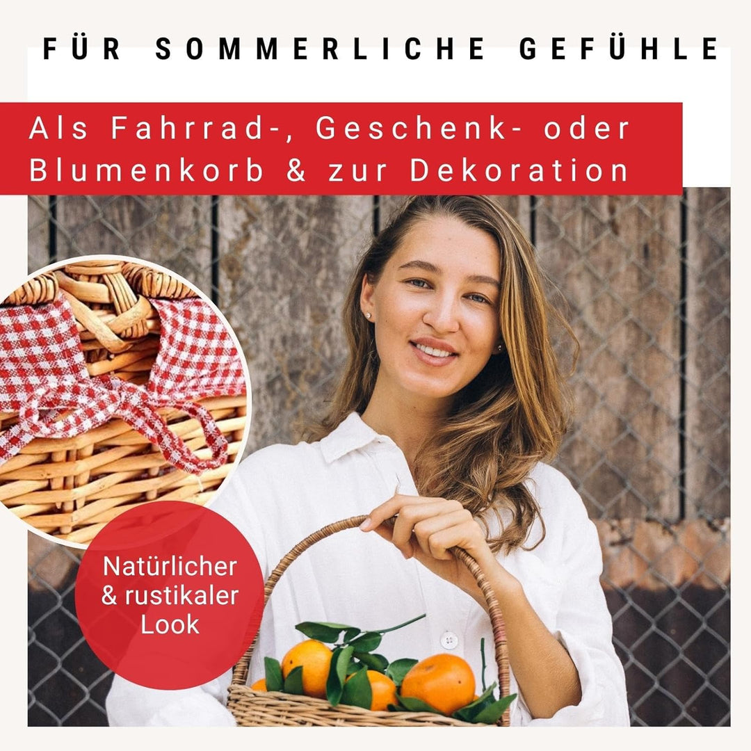 WOMA Weidenkorb mit rot weiss kariertem Innenfutter I Geflochtener Natur Korb mit Deckel & Henkel I