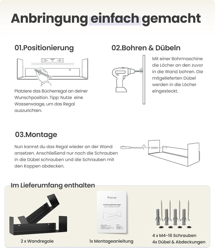 UNITURE® - 2er Set - Wandregal schwarz - Moderne Regal Wand Design - 2x42 cm Bücherregal schwebend,