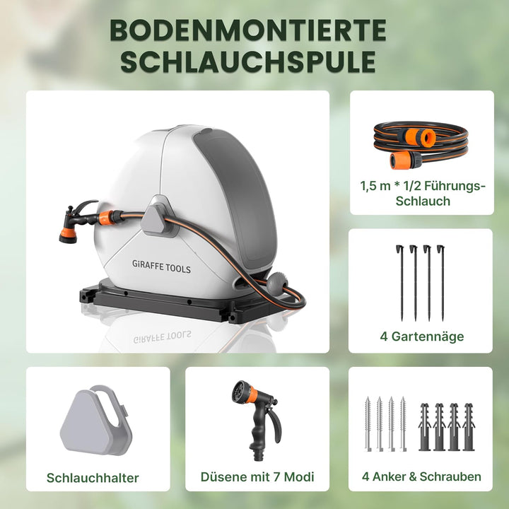 Giraffe Tools Ausziehbare Schlauchtrommel mit 25 m, robuste Bodenmontage, Gartenschlauchtrommel, mit