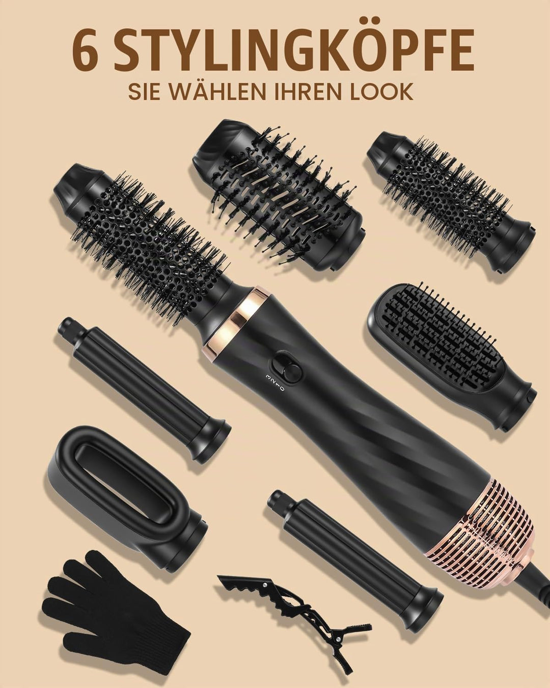 Hairstyler 6 in 1 Air Styler Set Mit 1000W Haartrockner, Rundbürstenföhn, Airflow Lockenstab Automat