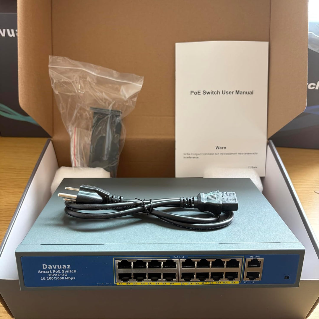Davuaz Gigabit PoE-Switch mit 16 Ports und 2 Gigabit Uplink, IEEE802.3af/at konform, bis zu 250 W, P