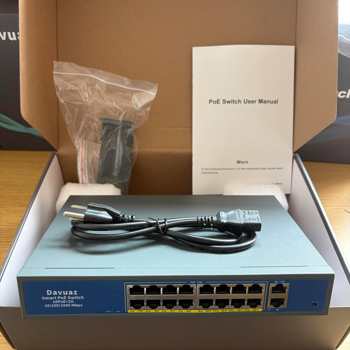 Davuaz Gigabit PoE-Switch mit 16 Ports und 2 Gigabit Uplink, IEEE802.3af/at konform, bis zu 250 W, P