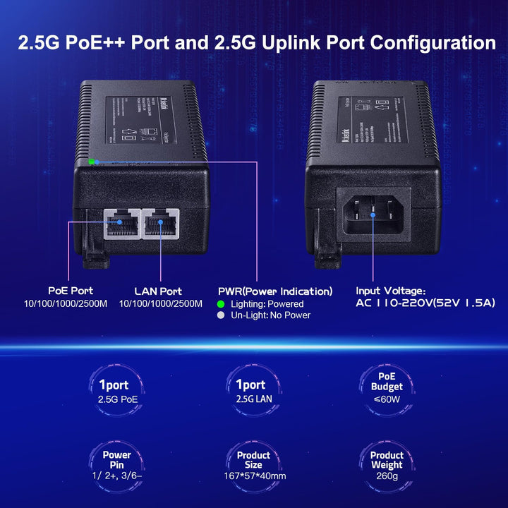 MokerLink 2.5 Gigabit PoE Injector, 802.3af/at/bt 60W, 2.5G/1G/100M Ethernet, Plug & Play, Nicht-PoE