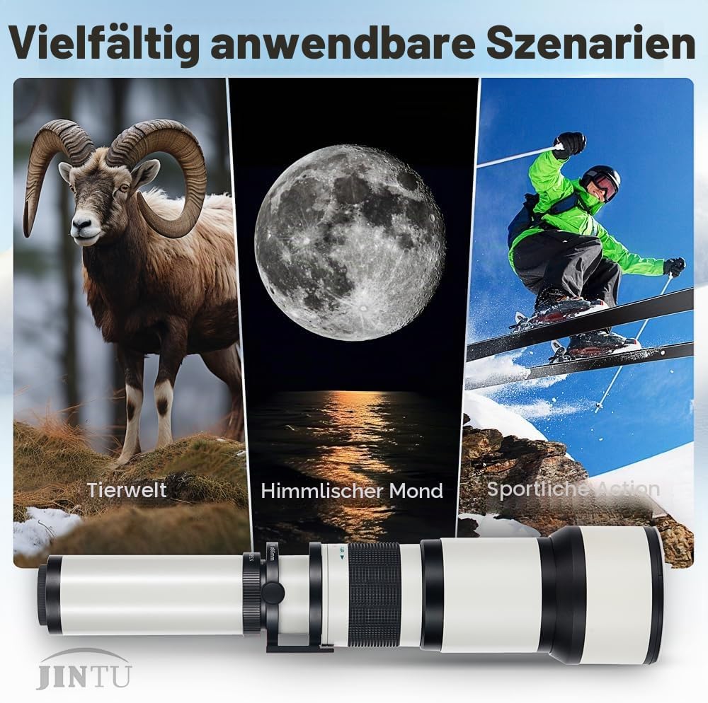 JINTU Teleobjektiv EF 650-1300mm F8 EF Objektiv für Canon SLR, Manueller Fokus MF Zoom Objektiv für