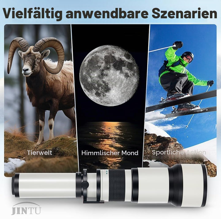 JINTU Teleobjektiv EF 650-1300mm F8 EF Objektiv für Canon SLR, Manueller Fokus MF Zoom Objektiv für