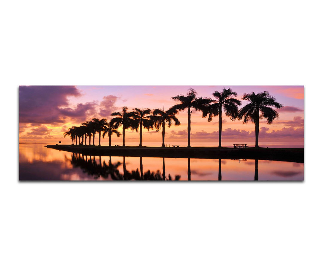 Paul Sinus Art Panoramabild auf Leinwand und Keilrahmen 150x50cm Miami Meer Palmen Sonnenaufgang Spi