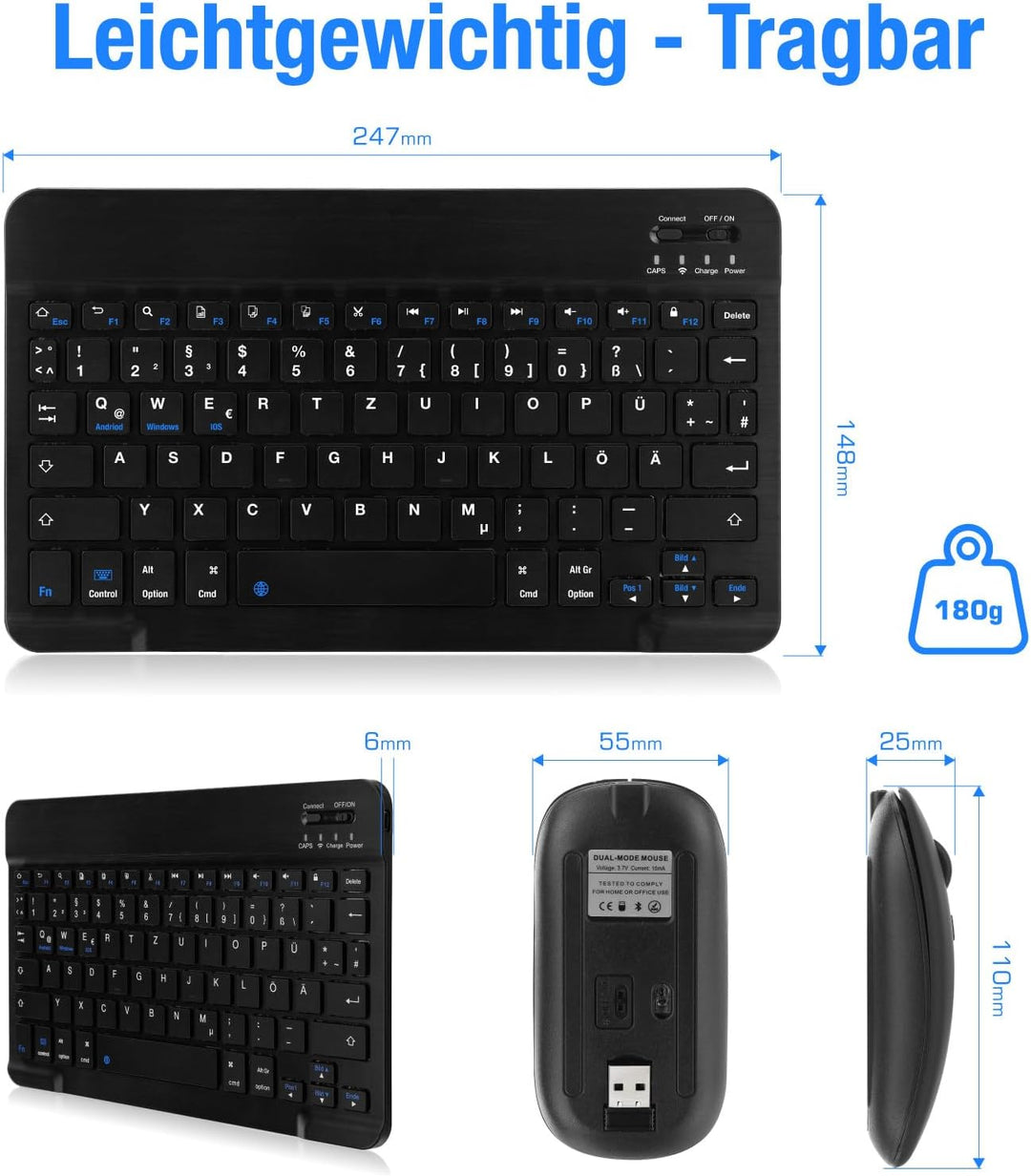 MAYPHY Tragbare Bluetooth-Tastatur und -Maus mit Hintergrundbeleuchtung, wiederaufladbare Mini-Tasta