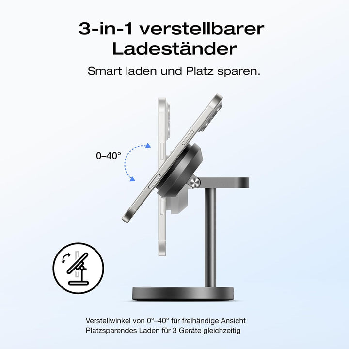 EcoFlow 3 in 1 Qi2 Magsafe Apple Ladestation mit Verstellbarer Ständer, Kabellose iPhone Ladestation