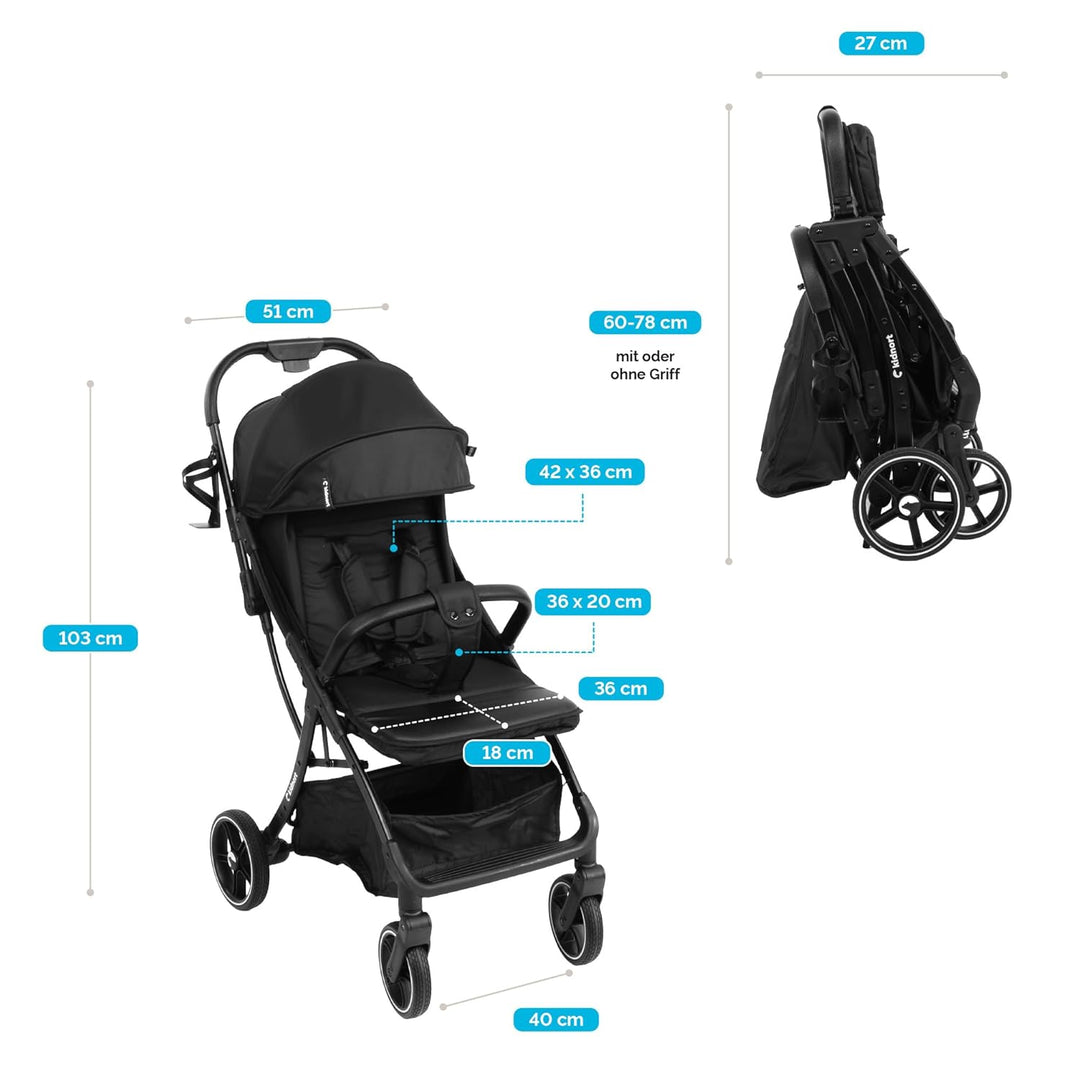 Fjällräv Buggy Kinderwagen bis 22 kg, Leicht, Einhand-Faltbar, 4-fach Verdeck mit Fenster, 360° Gel-
