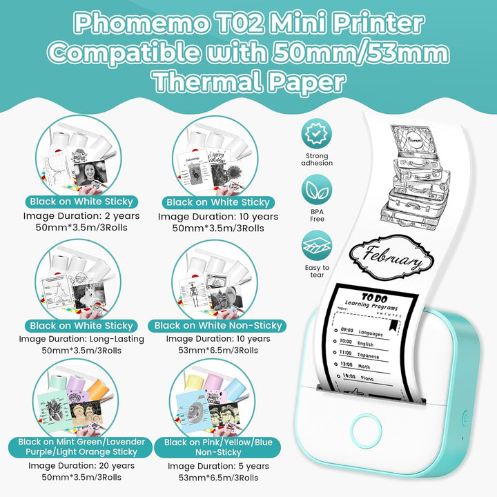 Phomemo Mini Drucker T02,Handy Fotodrucker für Mobiler,Sticker Thermodrucker für Kindertag Geburtsta