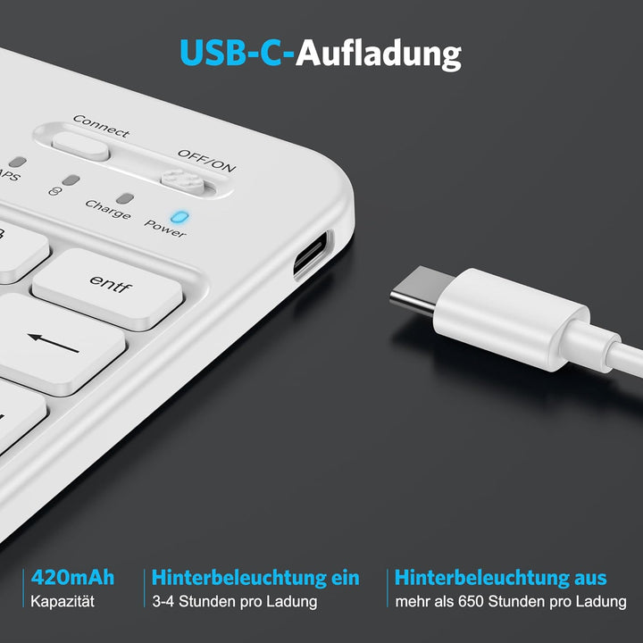 Emetok deutsche Bluetooth Tastatur für alle iPad-Modelle/iPhone/Android, Wiederaufladbar mit 7 Farbi