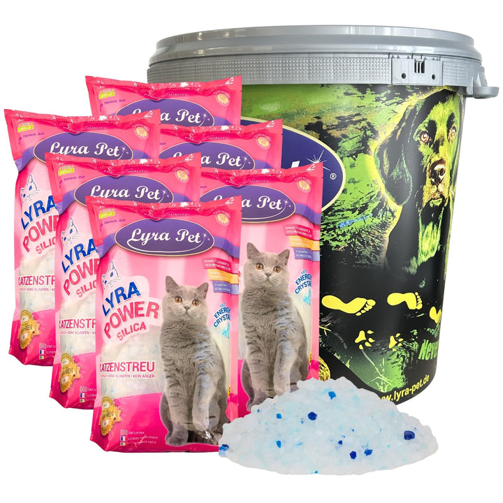 Lyra Pet® | 6 x 5 L = 30 L Lyra Power Silica Silikat Katzenstreu + 30 L Tonne | 100% Kieselgel | Kei