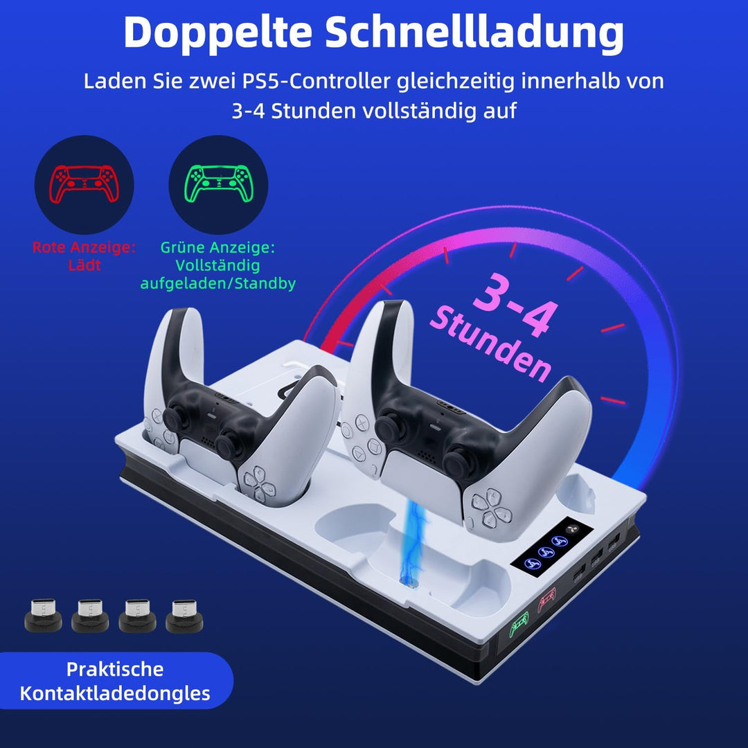 Wigearss Vertikaler PS5 Lüfter Ständer Kühlstation mit Dual-Controller-Ladung für PS5/PS5 Slim UHD/D