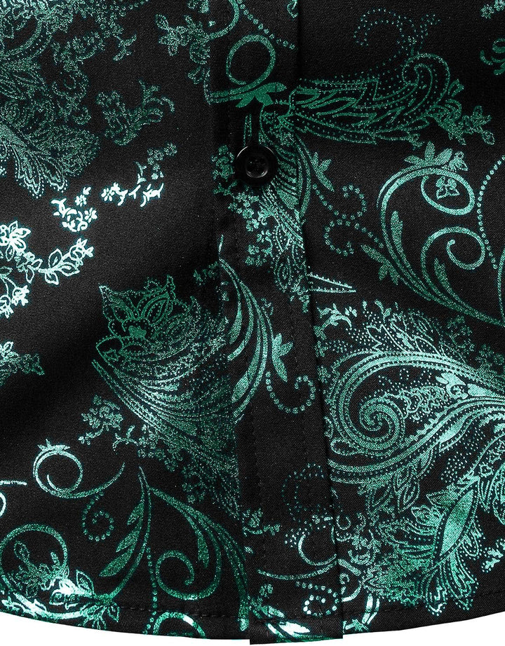 PARKLEES Herren Luxus Paisley Gemustert Golden Glänzend Slim Fit Freizeithemd XL Schwarz Dunkel Grün