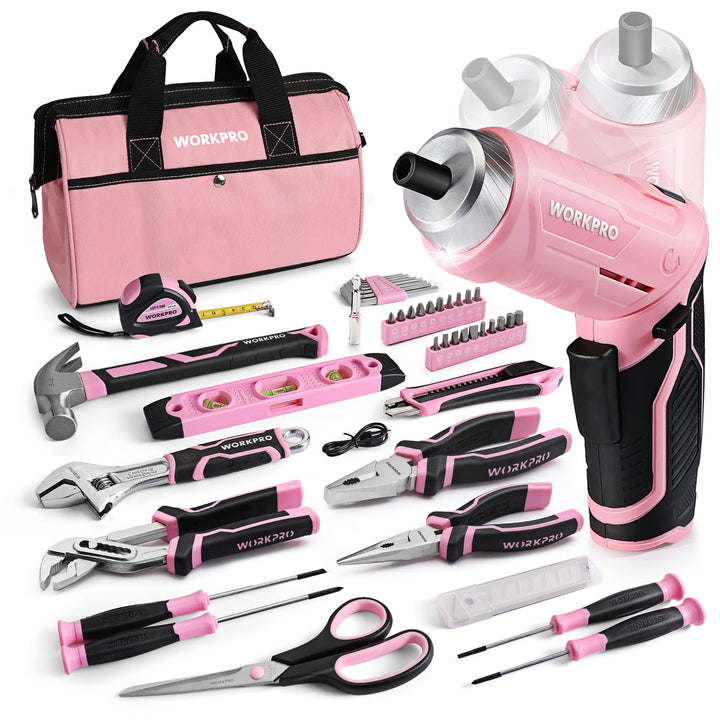 WORKPRO 53-tlg. Werkzeug Set Rosa mit Akkuschrauber klein, pink Werkzeugtasche gefüllt für Haushalt