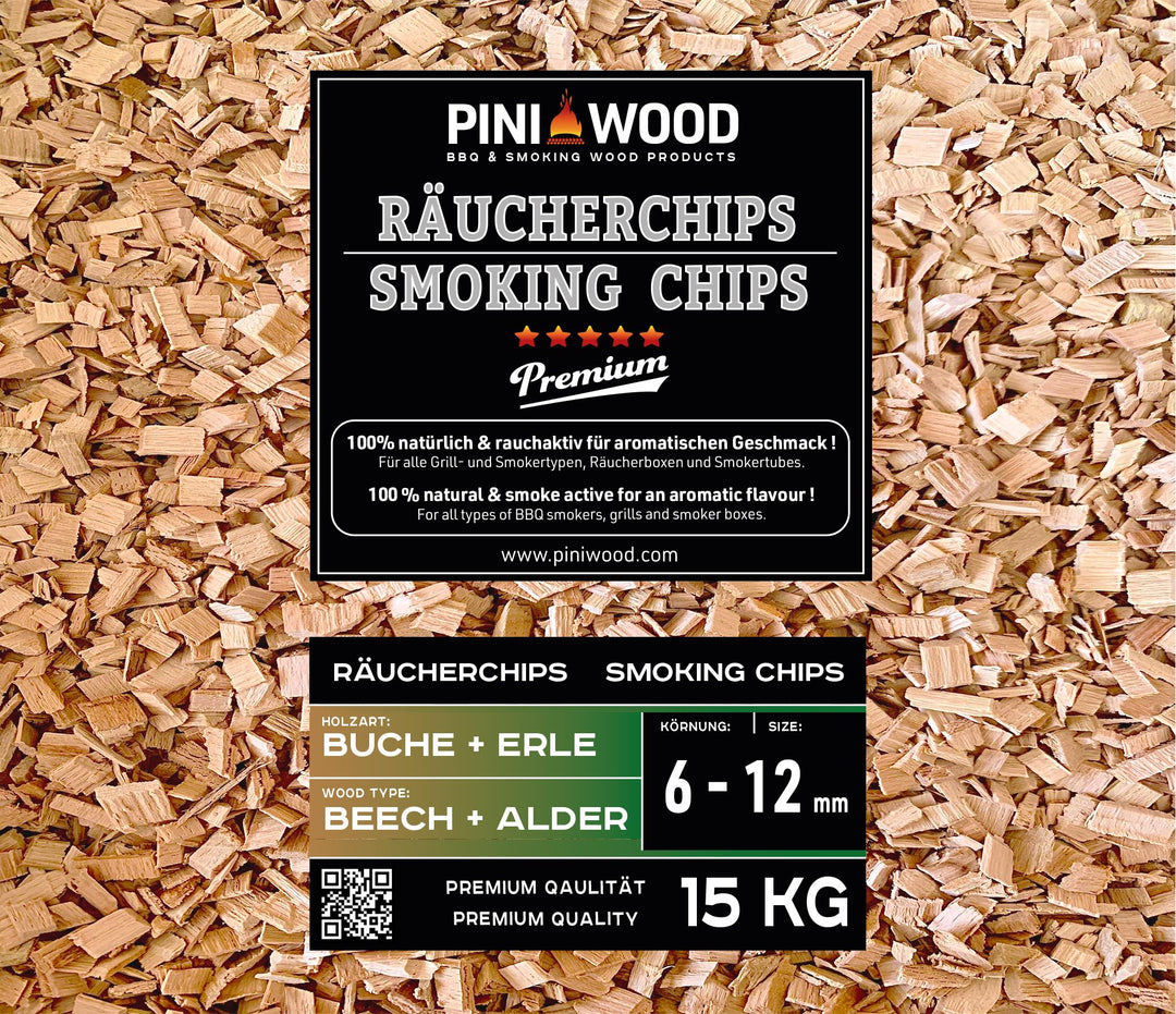 PINI 15 Kg Räucherchips Buche und Erle gemischt 6-12 mm Smoking Chips Räucherspäne