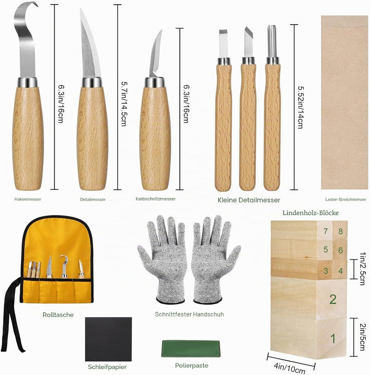 Holzschnitzwerkzeuge Set für Kinder & Anfänger – 19-in-1 Holzschnitzset mit 8 Lindenholz-Blöcken, 6