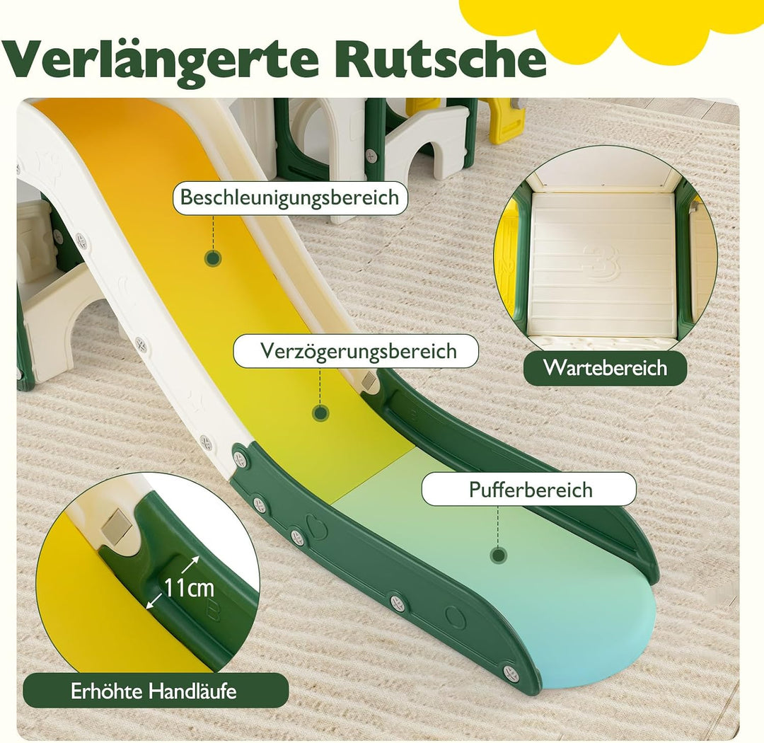 COSTWAY Kinder Rutsche faltbar, 10 in 1 Kinderrutsche mit Basketballkorb, Wurfspiel, Tafel, Tunnel,