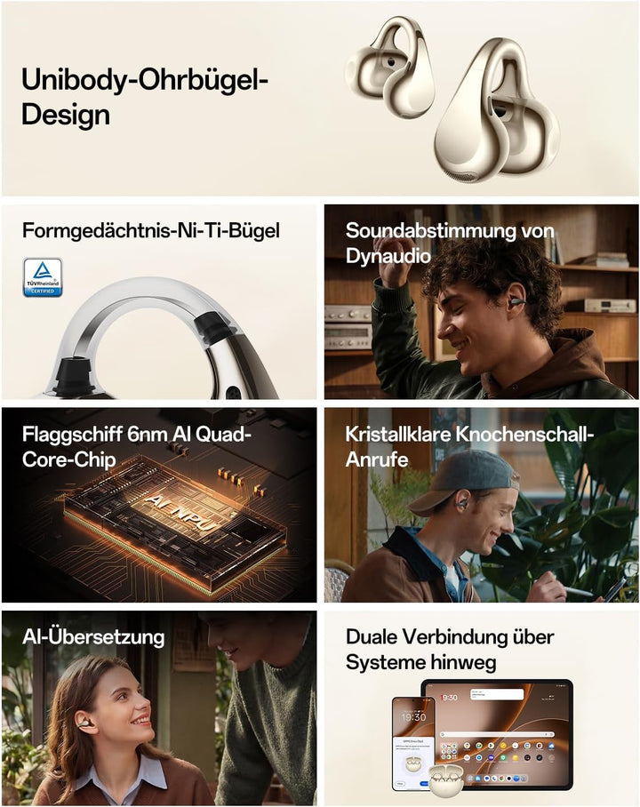 OPPO Enco Clip2 Open-Ear Earbuds, 11mm+9mm Dual Treiber, Bluetooth 6.1 Dynaudio-Sound Ohrhörer, EarH