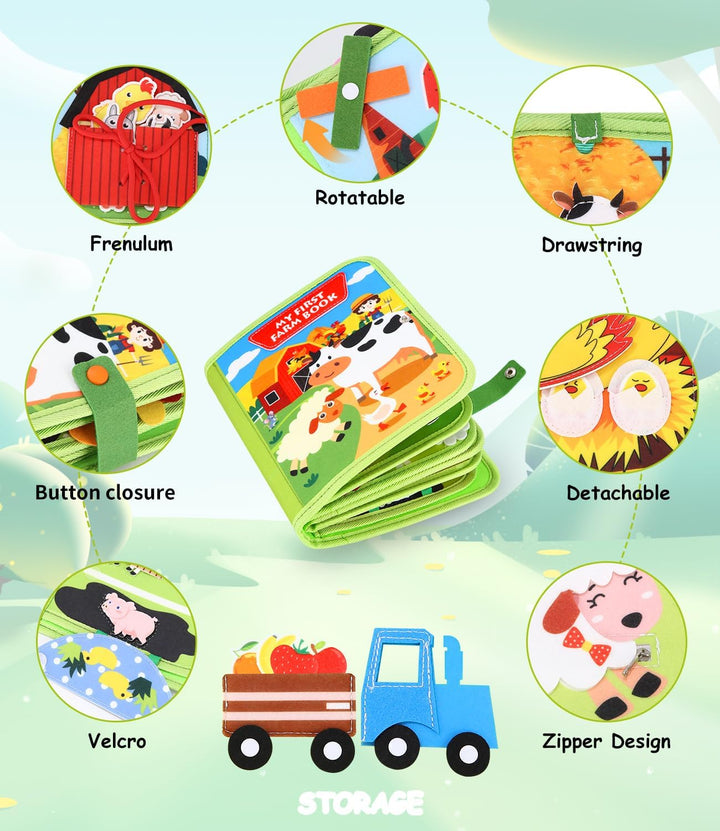 Busy Board Montessori Spielzeug ab 1 Jahr, 20 in 1 Quiet Book mit Filz Bauernhof Thema, Frühes Lerns