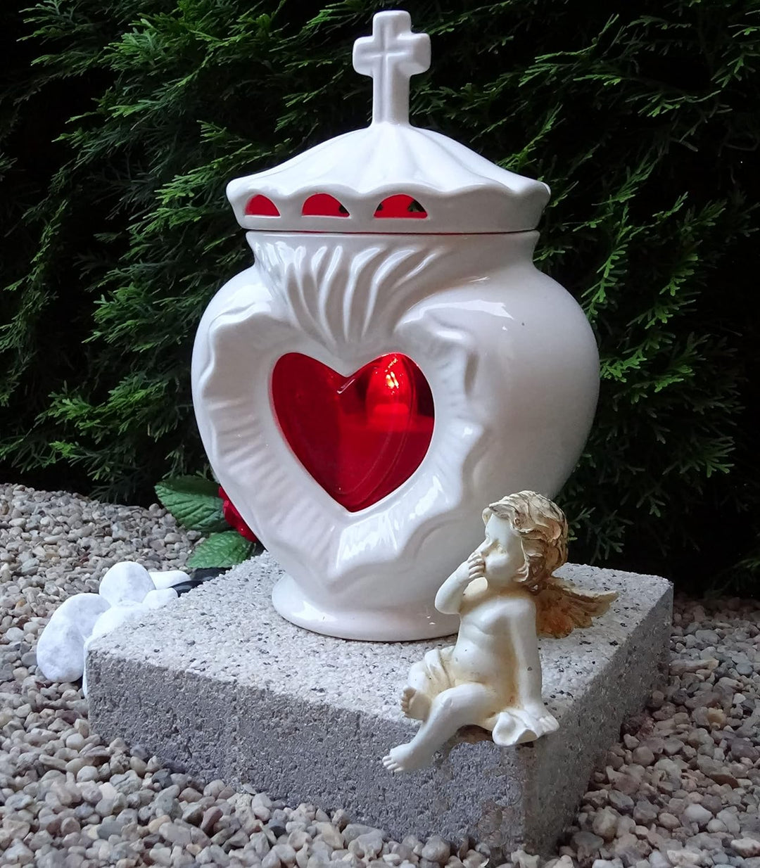 Grablampe mit Sockel Herz weiss 26,0cm incl. Grablicht Kerze Grabschmuck Grablaterne Grabkerze Grabl