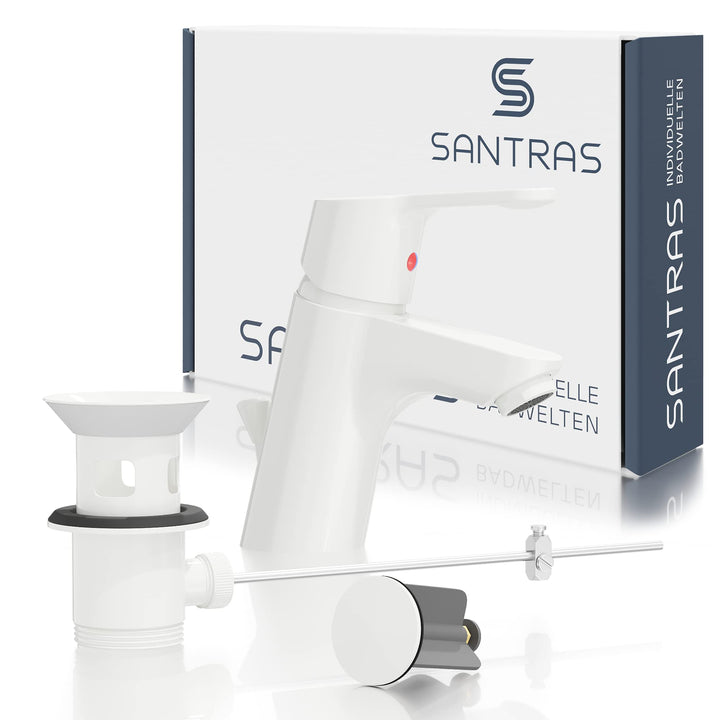 SANTRAS® Waschtischarmatur Bad in Weiss (RAL 9003, glänzend) mit Zugstange & Exzenter Ablaufgarnitur