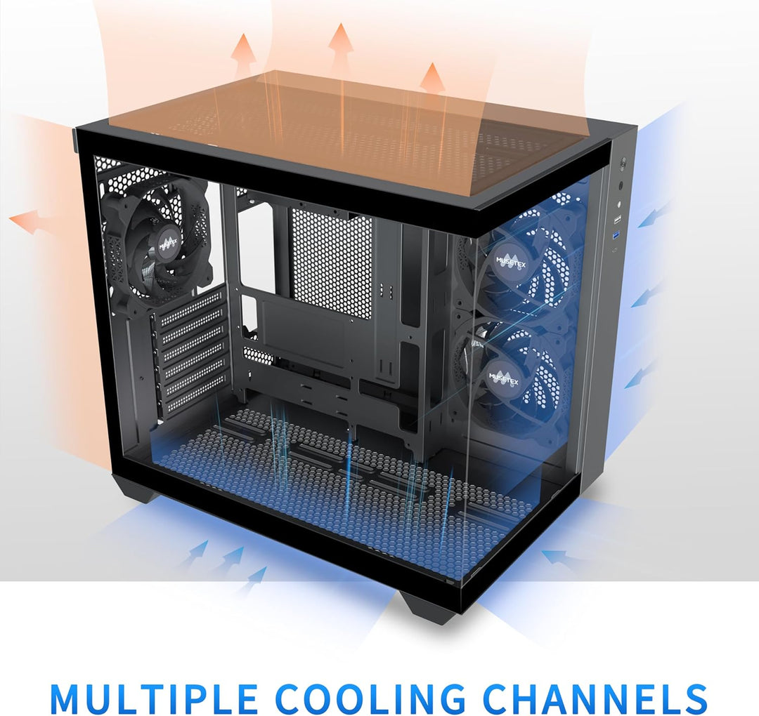 MUSETEX PC Gehäuse ATX, 3 Non-LED Lüfter vorinstalliert Gaming PC Gehäuse, 270° Full-View Tempered G