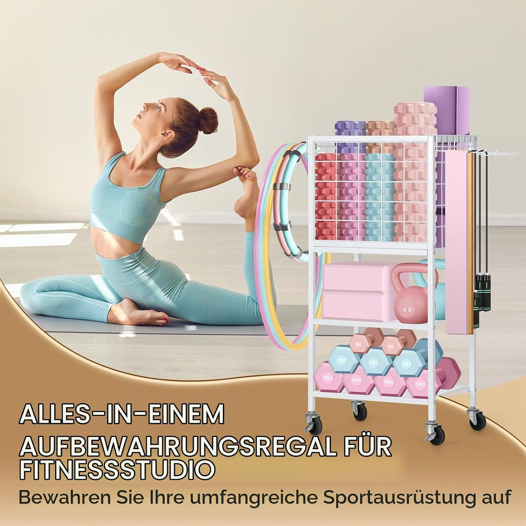 CADUKE Hantelständer, Yogamatte Aufbewahrung mit Rädern und Haken, multifunktionaler Kurzhantelständ