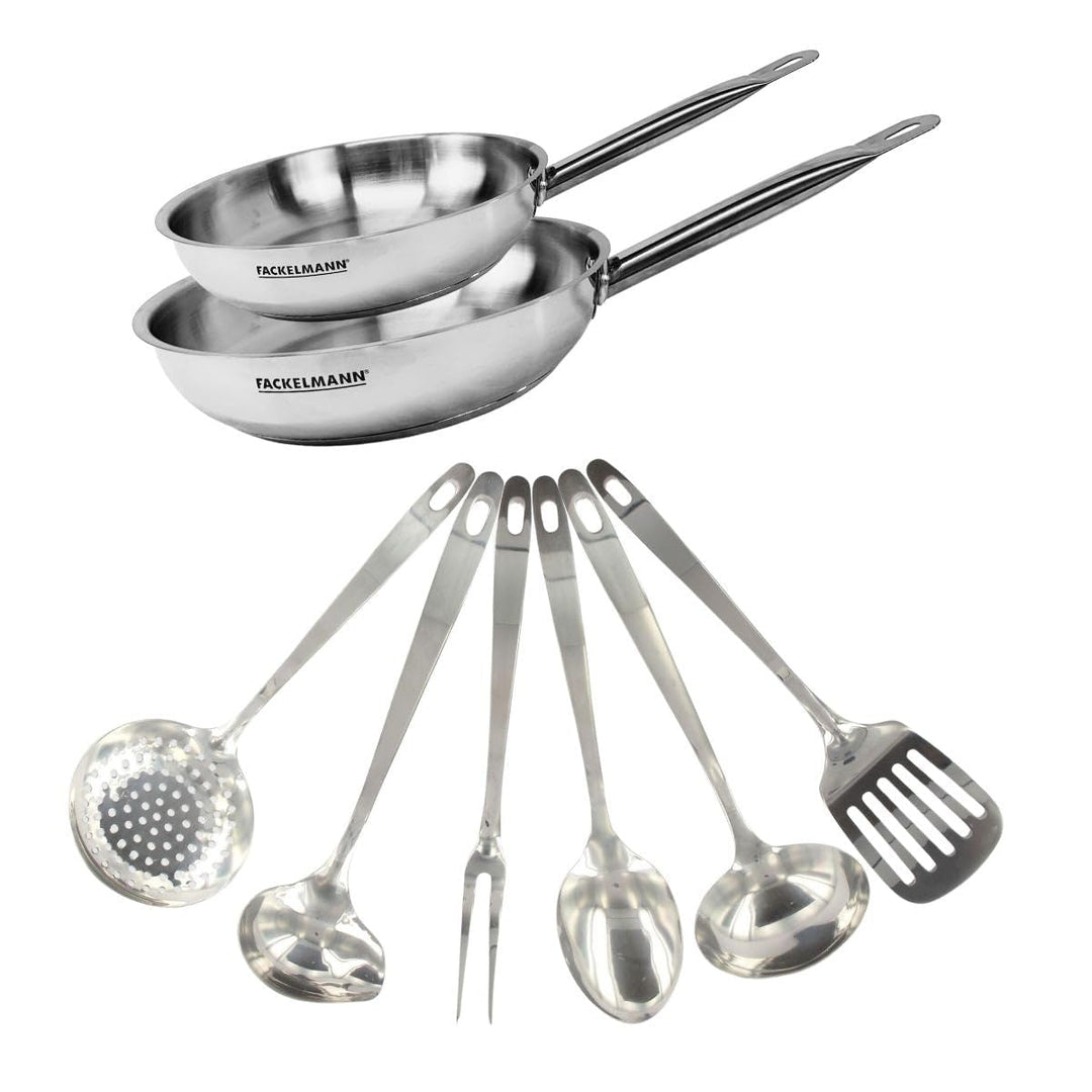 Fackelmann 2er-Set Pfannen aus Edelstahl 18/8, 24 und 28 cm, mit 6 Utensilien, für alle Herde und In