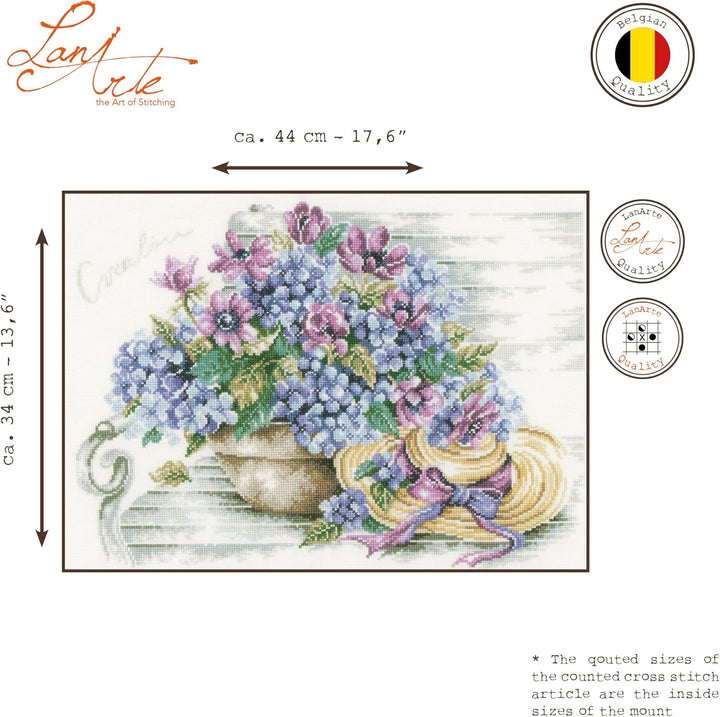 Lanarte Zählmusterpackung Hortensien/Bank Zählstoff Kreuzstichpackung, Baumwolle, Mehrfarbig, 44.0 x