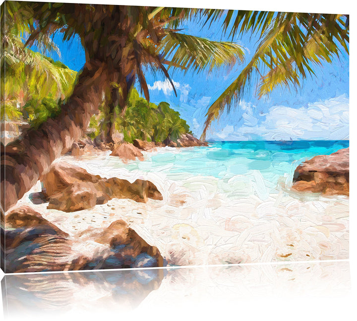 Pixxprint Palmenstrand Seychellen Kunst / 100x70cm Leinwandbild bespannt auf Holzrahmen/Wandbild Kun