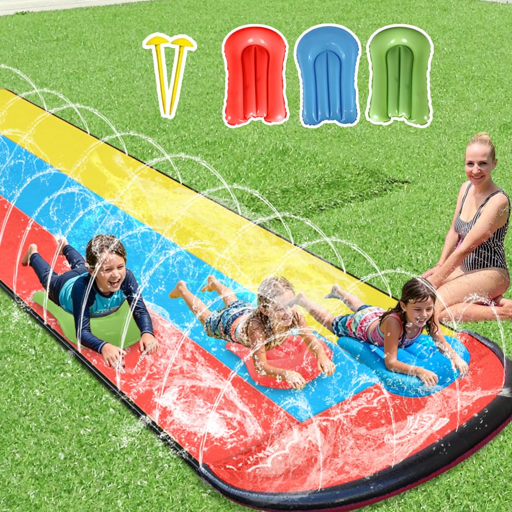 Wasserrutsche Garten für Kinder,480x210CM Slip N Slide Triple mit 3 Bodyboards 5 Reparaturflicken,Dr