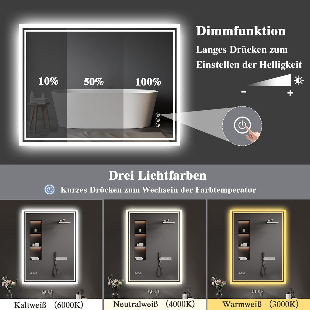 Badspiegel-mit-Beleuchtung 60x80cm: LED Badezimmer-Spiegel Badezimmerspiegel mit Bluetooth, Beschlag