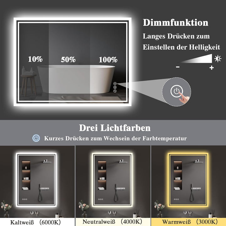 Badspiegel-mit-Beleuchtung 60x80cm: LED Badezimmer-Spiegel Badezimmerspiegel mit Bluetooth, Beschlag