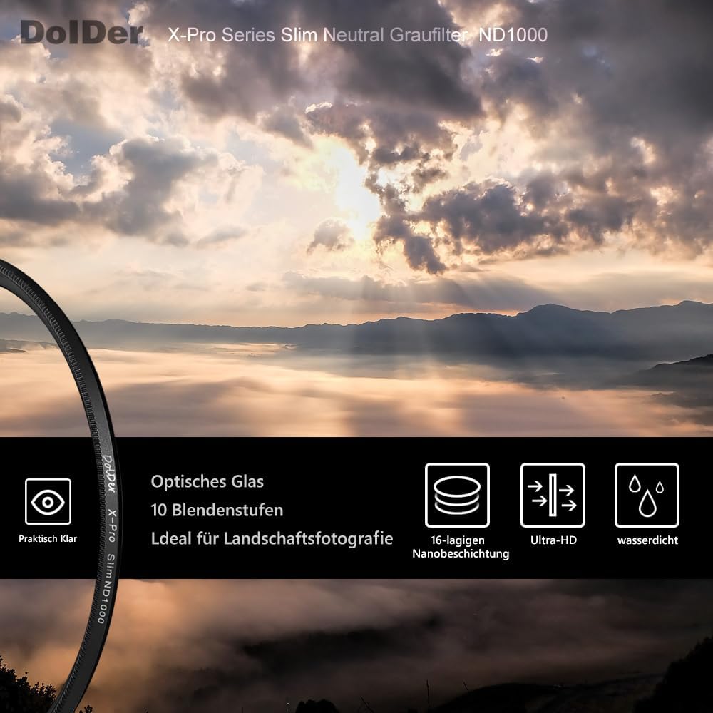 DolDer ND1000 Filter 82mm, X-Pro Series Slim Neutral Graufilter ND1000 (10 Stops) Objektivfilter mit
