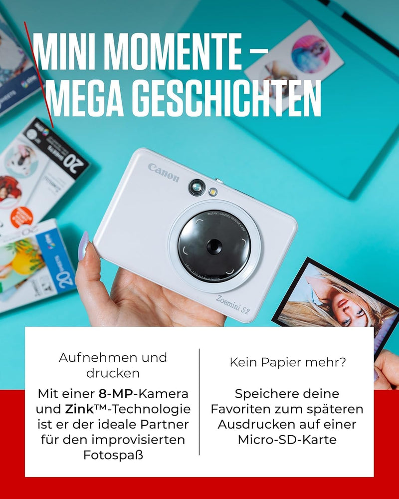 Canon Zoemini S2 Mini Sofortbildkamera + Fotodrucker mobil tragbar unterwegs Hosentasche (Fotodruck