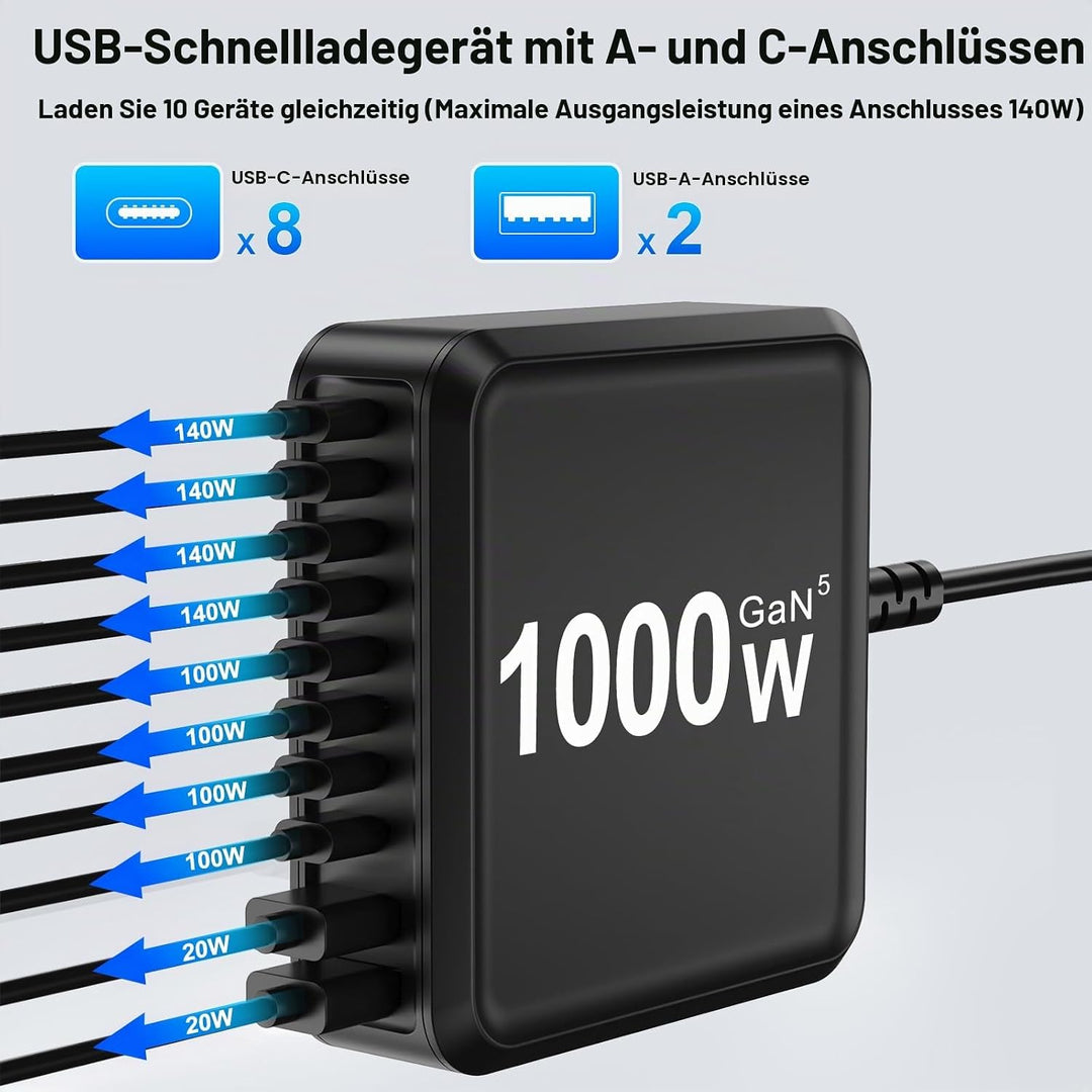 1000W USB C Ladegerät Mehrfach, GaN V 10 Ports USB Ladegerät Mehrfach, 1000W 10-Port Schnellladegerä