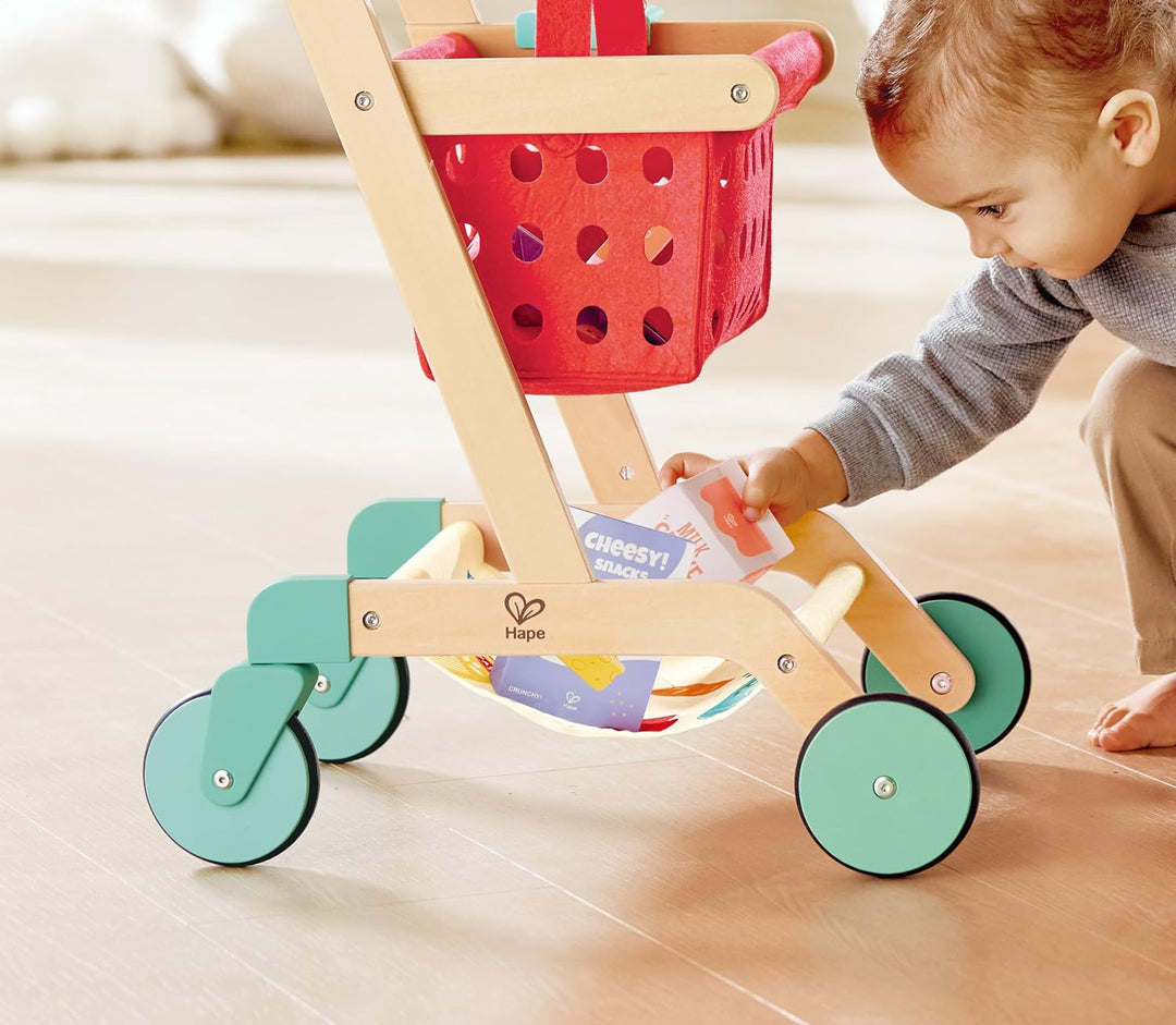 Hape Little Shopper Einkaufswagen aus Holz – Kinder Einkaufswagen mit Korb &amp; Zubehör – Kaufladen Zub