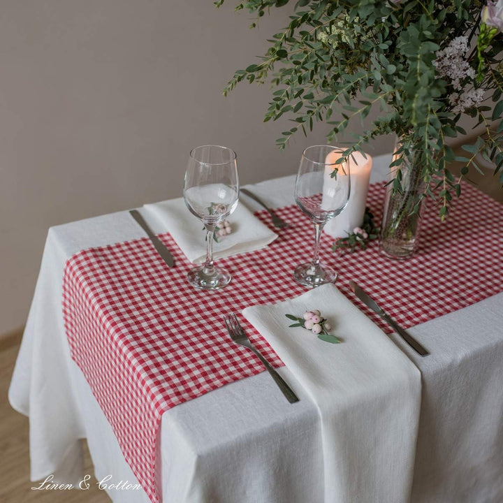 Linen & Cotton Tischläufer Stoff Tischdekoration Tischwäsche Estella - 100% Leinen, Weiss Weiss Rot