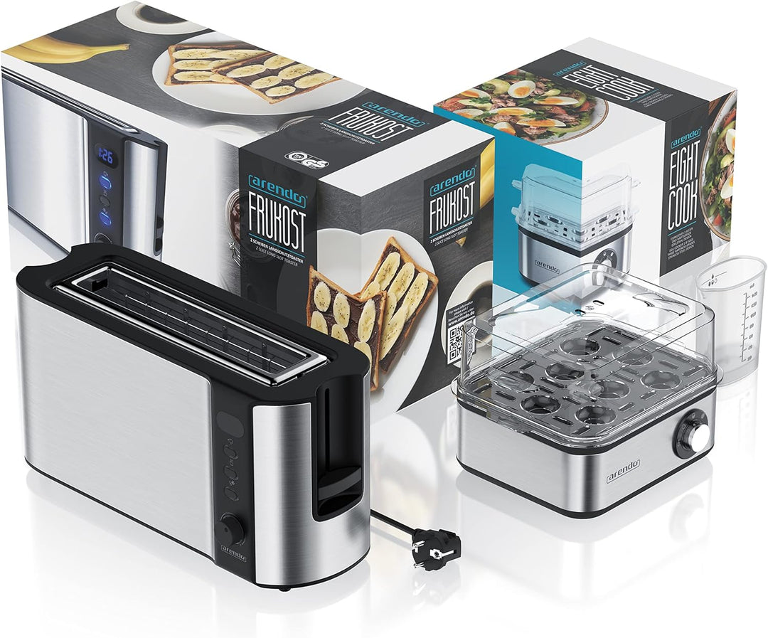 Arendo SET Toaster FRUKOST mit Eierkocher EIGHTCOOK Edelstahl Silber Toaster 2 Scheiben LED-Display